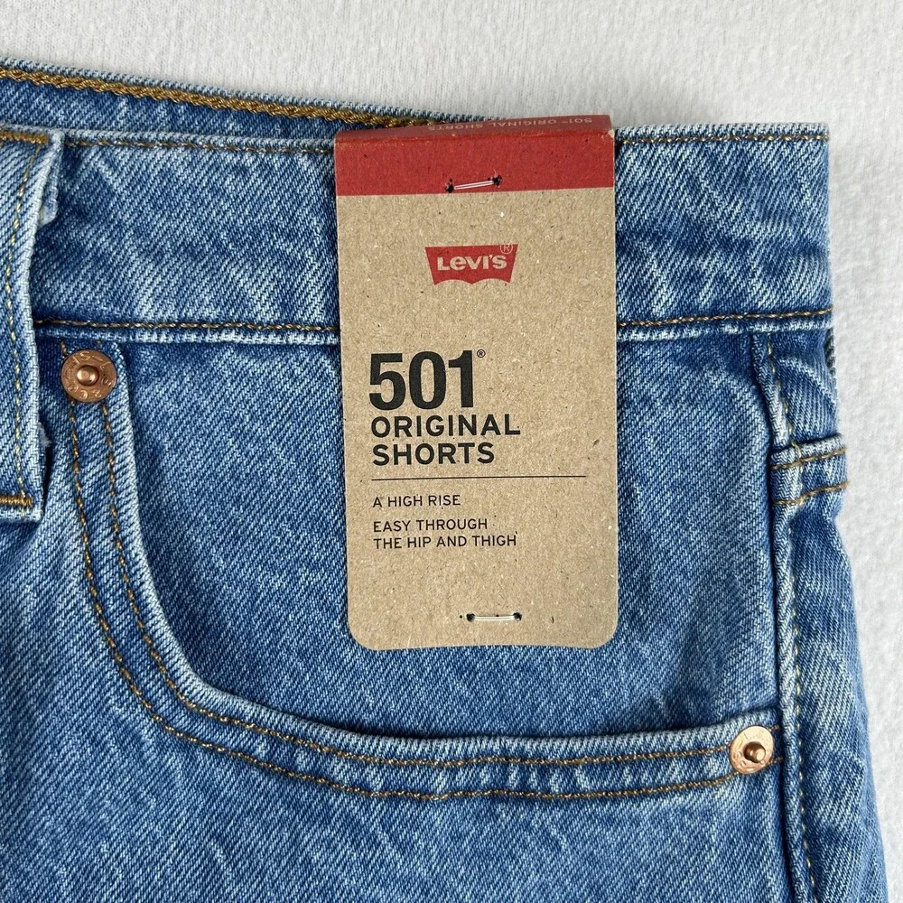 Levi's 501 Shorts Womens 34 Blue Denim High Rise Cutoff Button Fly Raw Hem